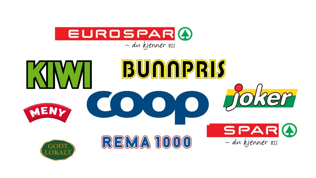 Logoene til Eurospar, Kiwi, Bunnpris, Joker, Meny, Coop, Rema 1000 og Spar