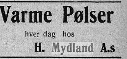 Avisannonse: Varme pølser hver dag hos H. Mydland A.s