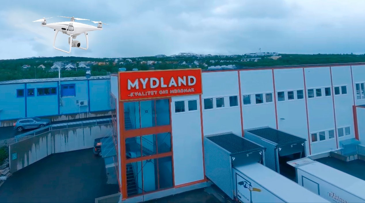 Mydlands produksjonslokaler i Hulderveien, fotografert fra drone